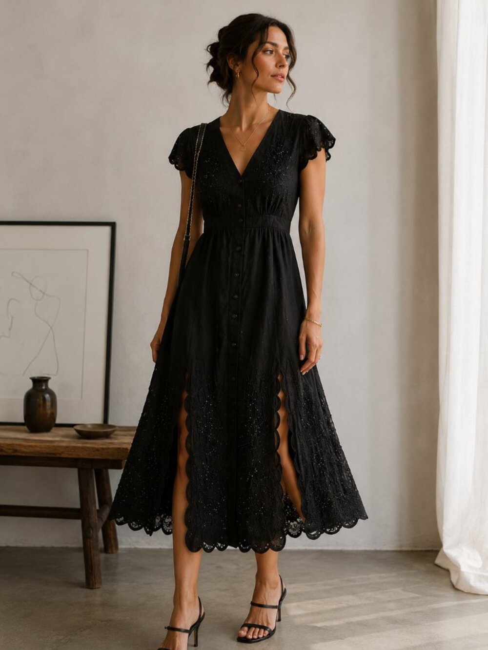 Vintage Serendipity Maui Black Embroidered Beaded Corset Maxi Dress